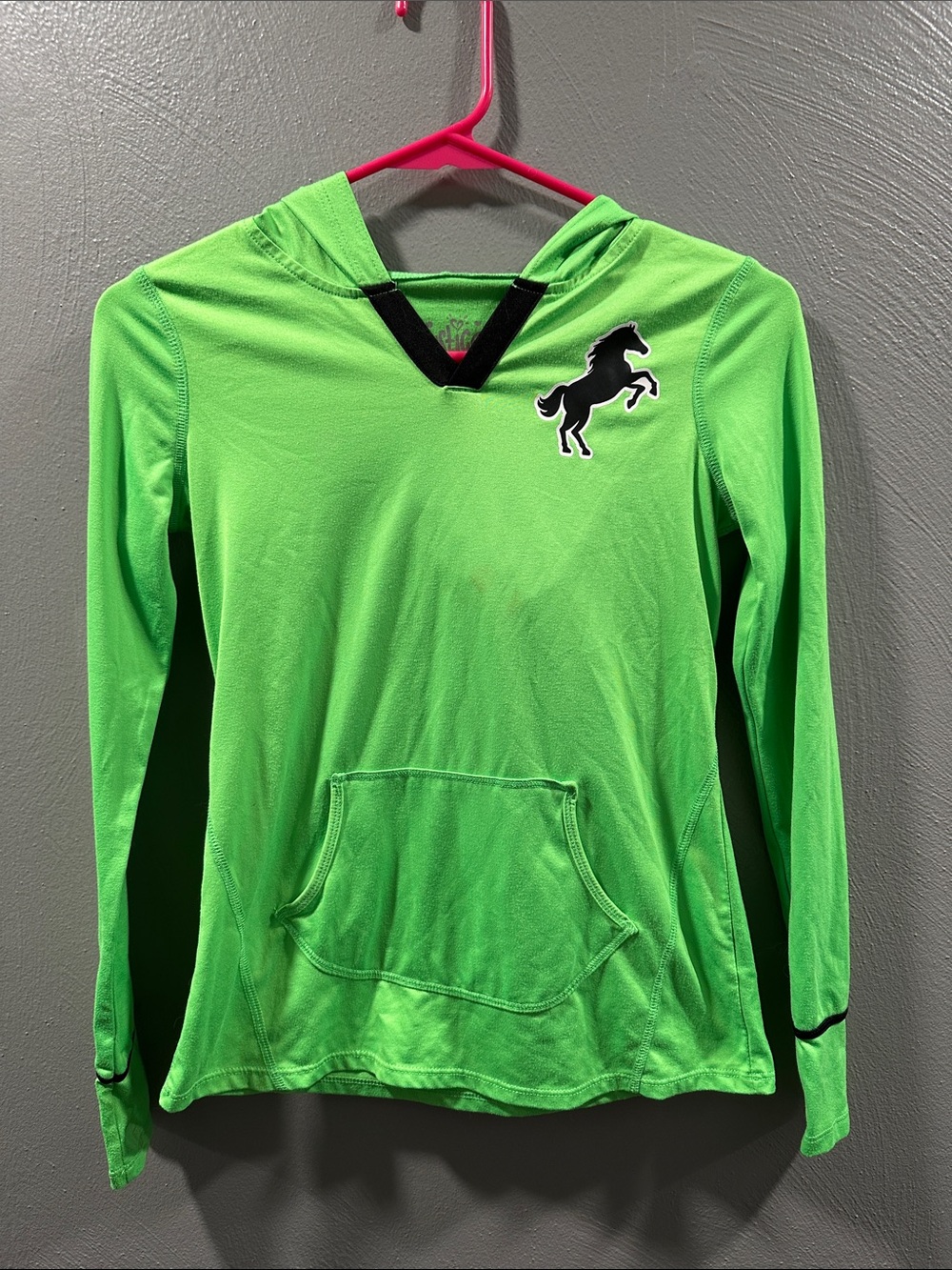 Girls Justice Equestrian Neon Green Hooded Long Sleeve Top with Horse Patch